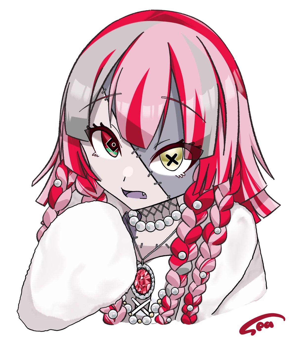 braid colored_skin dress fang grey_skin highres hololive hololive_indonesia jewelry kureiji_ollie looking_at_viewer mismatched_pupils necklace open_mouth patchwork_skin red_hair sea_(twitter_artist) signature simple_background twin_braids white_background white_dress