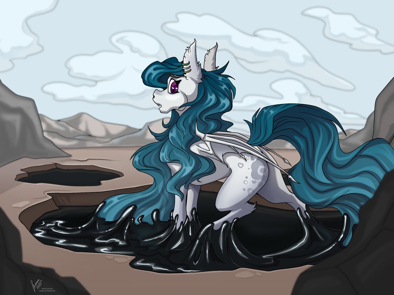 bat_pony equid equine fan_character female feral hair hasbro horse latex living_latex long_hair long_mane mammal my_little_pony pit pony rock slime solo stirren stuck