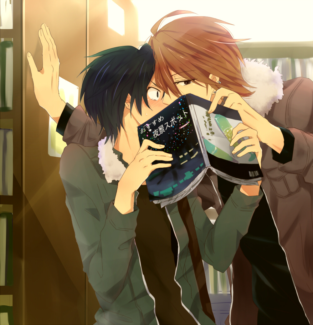 2boys black_hair black_shirt book bookshelf brown_coat brown_eyes brown_hair coat covered_mouth earrings embarrassed fur-trimmed_coat fur_trim green_coat holding holding_book jewelry kiss kou_yukina library male_focus multiple_boys sekai_ichi_hatsukoi shirt shouta_kisa sweatdrop touri_(touri-aki) yaoi