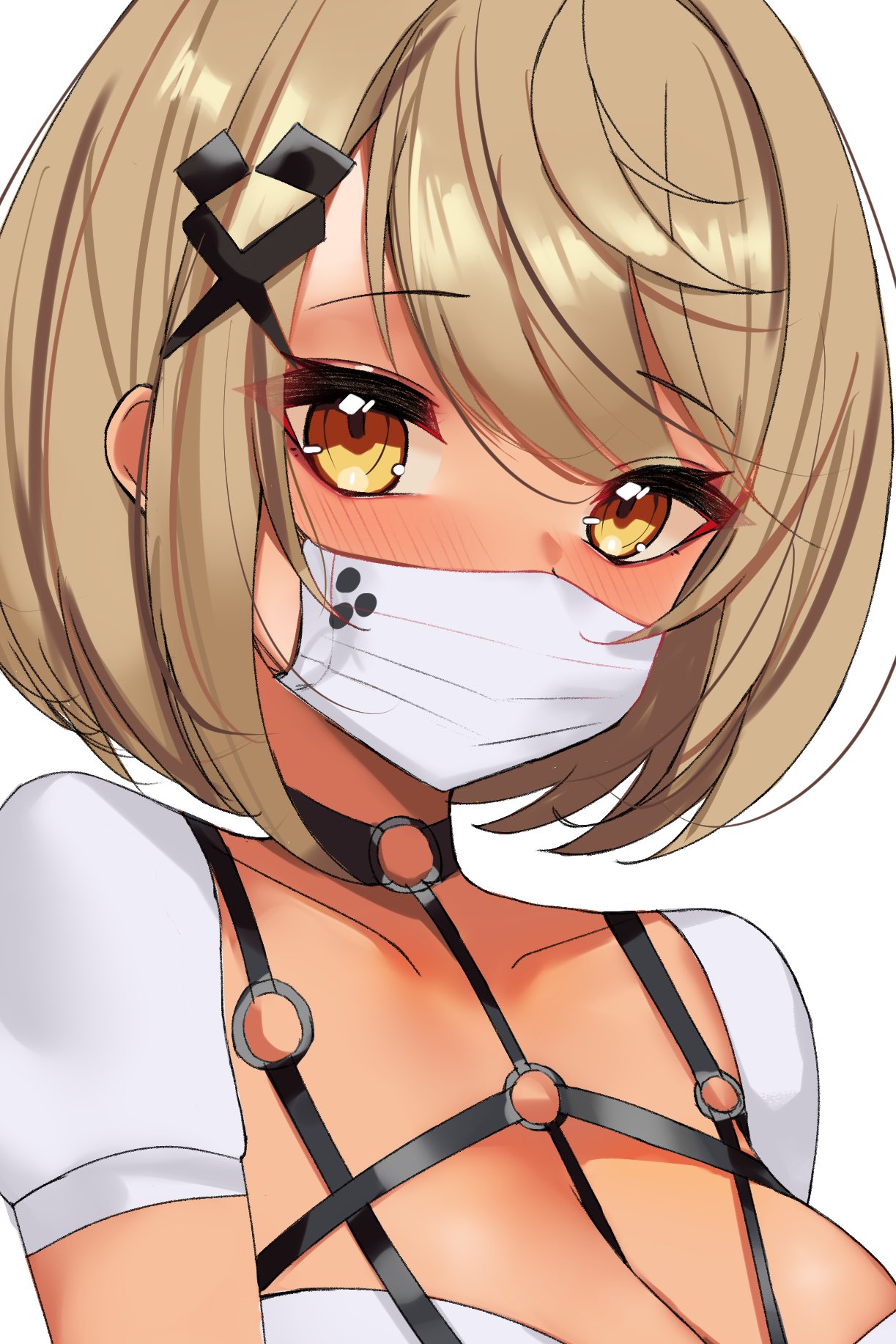 1girl between_breasts black_collar breasts chest_harness chest_strap collar dress gyaru hair_ornament harness highres kaminari_qpi light_brown_hair looking_at_viewer mask mouth_mask o-ring rifufu short_hair short_sleeves simple_background solo swept_bangs upper_body virtual_youtuber vspo! white_background white_dress white_mask x_hair_ornament yellow_eyes