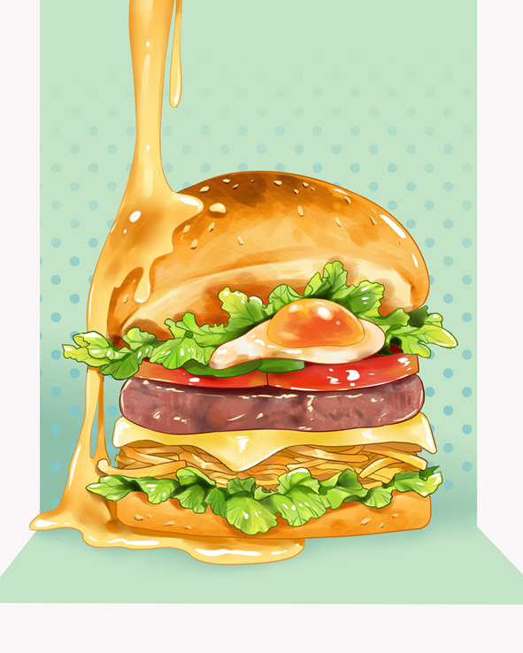 bread burger cheese commentary_request egg_(food) food food_focus fried_egg lettuce luan_tang meat no_humans original sauce sesame_seeds still_life tomato tomato_slice