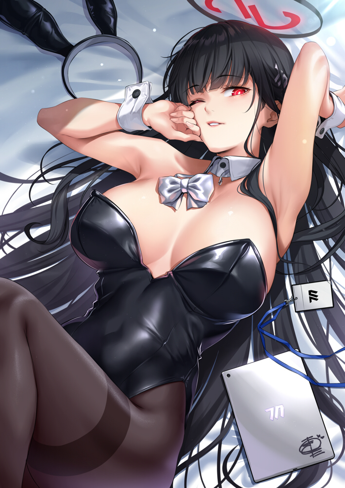 1girl animal_ears armpits black_hair black_leotard blue_archive blunt_bangs bow bowtie breasts breasts_apart bright_pupils brown_pantyhose commentary covered_navel detached_collar fake_animal_ears highleg highleg_leotard id_card large_breasts leotard long_hair looking_at_viewer loose_bowtie lying okitakung on_back one_eye_closed pantyhose parted_lips playboy_bunny rabbit_ears red_eyes rio_(blue_archive) smile solo strapless strapless_leotard symbol-only_commentary tablet_pc thighband_pantyhose white_bow white_bowtie white_wrist_cuffs