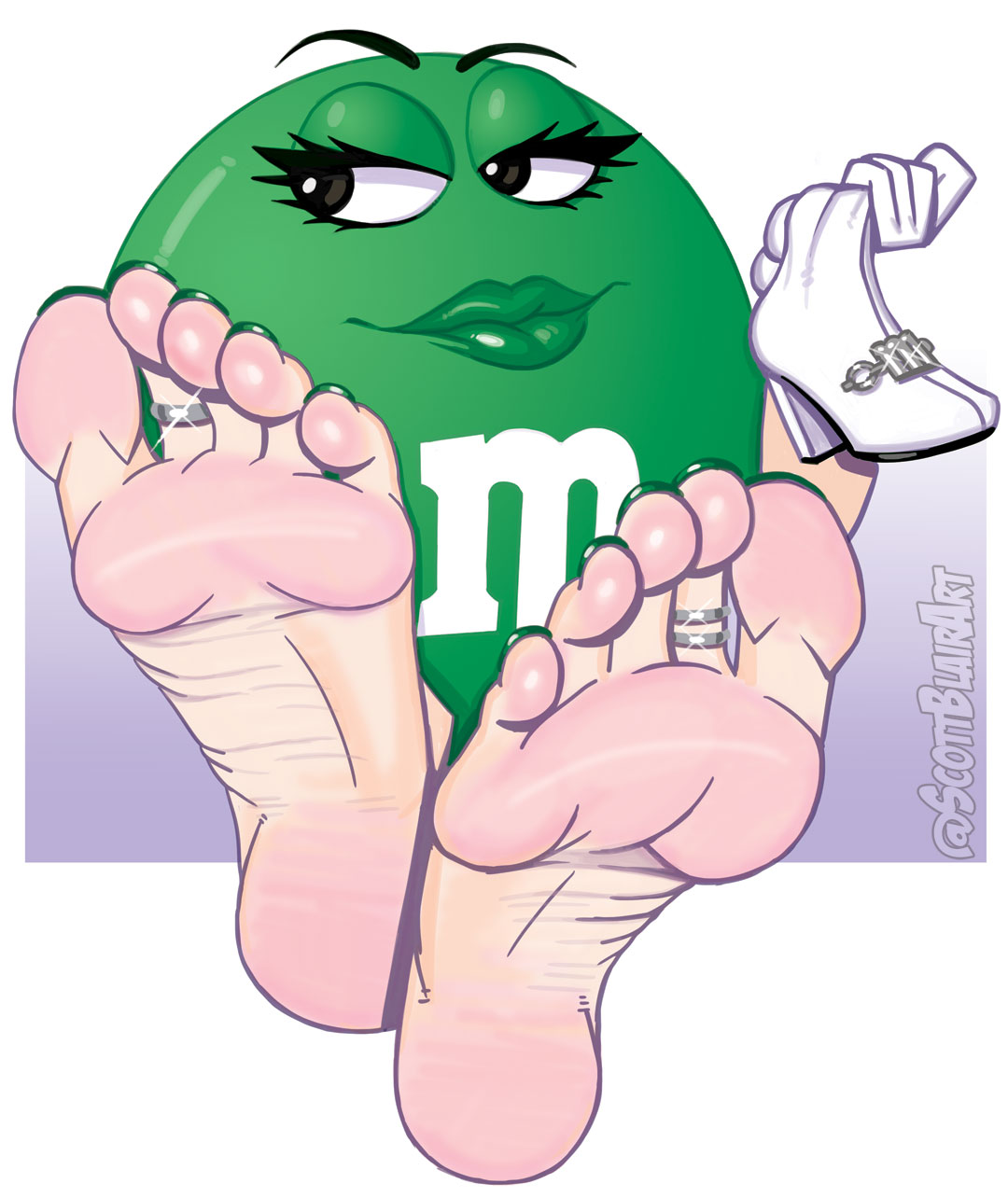 5_toes candy dessert digit_ring feet female food food_creature foot_focus hi_res humanoid_feet jewelry living_candy m&amp;m's mars_incorporated ms._green_(m_m) narrowed_eyes not_furry plantigrade ring scott_blair signature simple_background soles solo toe_ring toes waddling_head