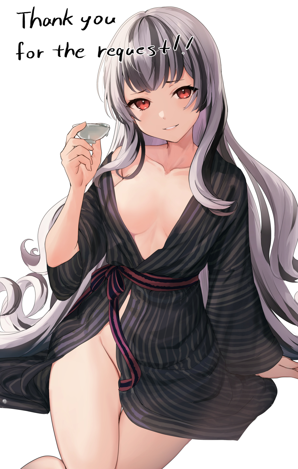 1girl black_hair blush breasts crotch fire_emblem fire_emblem_engage grey_hair haru_(nakajou-28) highres japanese_clothes kimono long_hair looking_at_viewer multicolored_hair naked_kimono open_mouth purple_eyes smile solo thighs two-tone_hair very_long_hair veyle_(fire_emblem) wavy_hair yukata