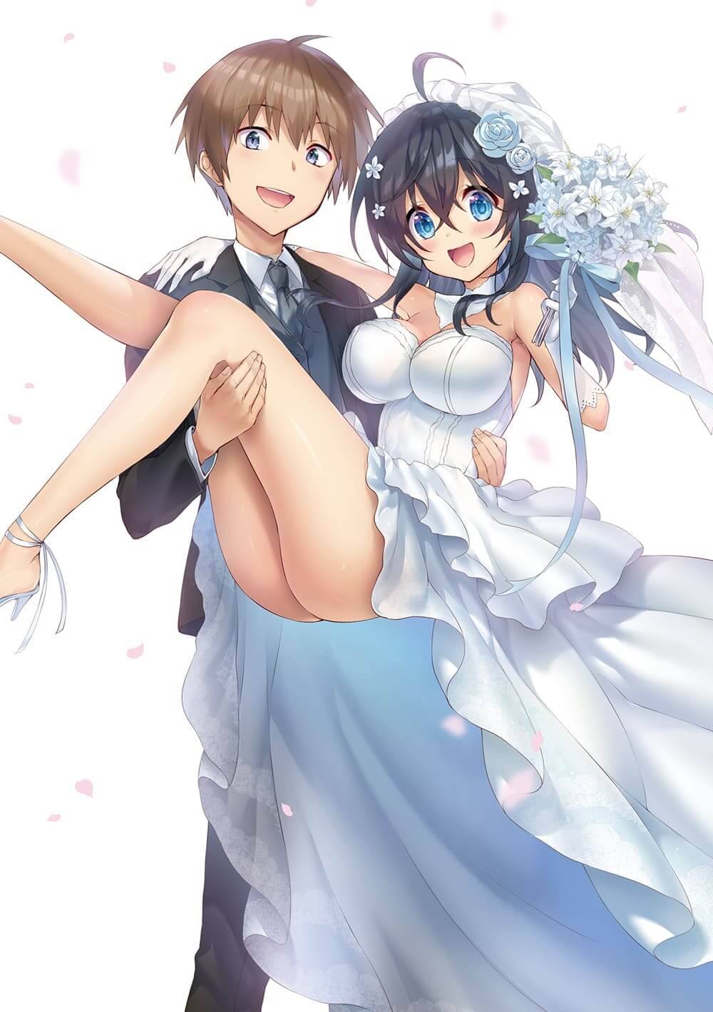 1boy 1girl ahoge armpits ass bare_shoulders black_hair black_necktie black_pants black_suit black_vest blush bouquet breasts bridal_veil bride brown_hair carrying collar collared_shirt detached_collar dress feet_out_of_frame flower gloves groom hair_flower hair_ornament high_heels highres hisasi holding holding_bouquet large_breasts long_dress long_hair looking_at_viewer necktie netoge_no_yome_wa_onna_no_ko_janai_to_omotta? nishimura_hideki official_art open_mouth pants petals princess_carry second-party_source shirt shoes short_hair smile standing strapless strapless_dress suit tamaki_ako thighs veil vest wedding_dress white_collar white_dress white_flower white_footwear white_gloves white_shirt