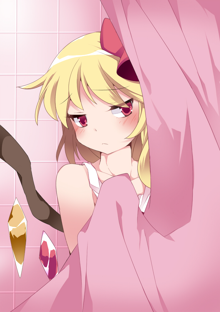 bad_id bad_pixiv_id blonde_hair blush commentary flandre_scarlet frown hammer_(sunset_beach) hiding long_hair looking_at_viewer red_eyes shower_curtain shy side_ponytail solo touhou wings