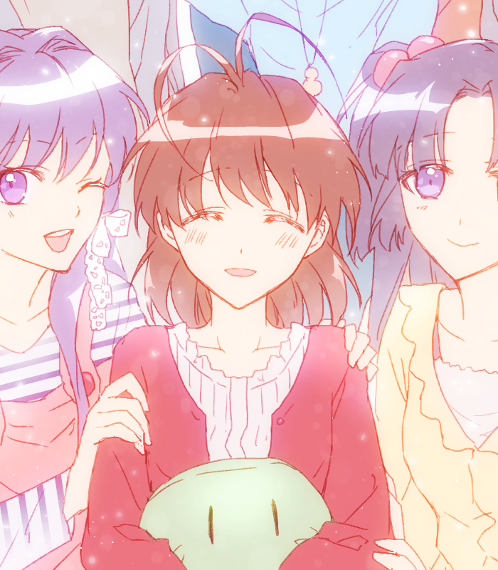 3girls ;d ^_^ antenna_hair blue_hair blush brown_hair casual chinese_commentary clannad closed_eyes commentary dango facing_viewer food fujibayashi_kyou furukawa_nagisa h_sueun hair_bobbles hair_intakes hair_ornament hair_ribbon hand_on_another's_shoulder happy holding holding_stuffed_toy ichinose_kotomi jacket long_hair looking_at_viewer medium_hair multiple_girls one_eye_closed one_side_up open_clothes open_jacket open_mouth purple_eyes purple_hair red_jacket ribbon shirt sketch smile solo_focus straight-on stuffed_toy teeth upper_teeth_only wagashi white_ribbon white_shirt yellow_shirt |_|