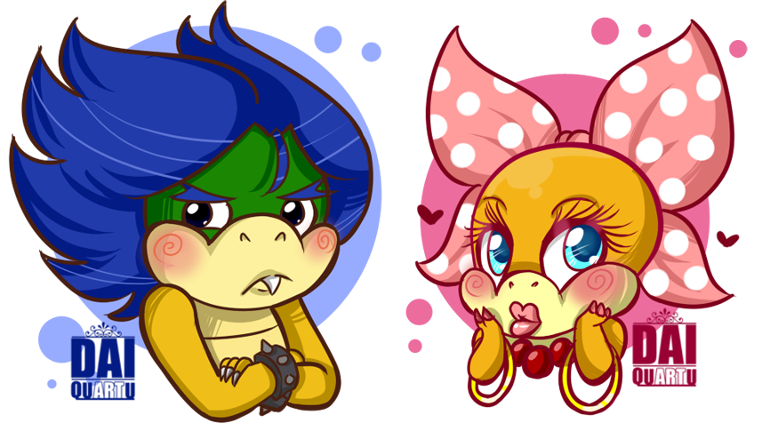 &lt;3 accessory blue_hair blush bow_ribbon brother_(lore) brother_and_sister_(lore) claws dai-quartu duo female hair hair_accessory hair_bow hair_ribbon koopa koopaling lipstick ludwig_von_koopa makeup male mario_bros nintendo orange_body ribbons scalie sibling_(lore) sister_(lore) wendy_o._koopa