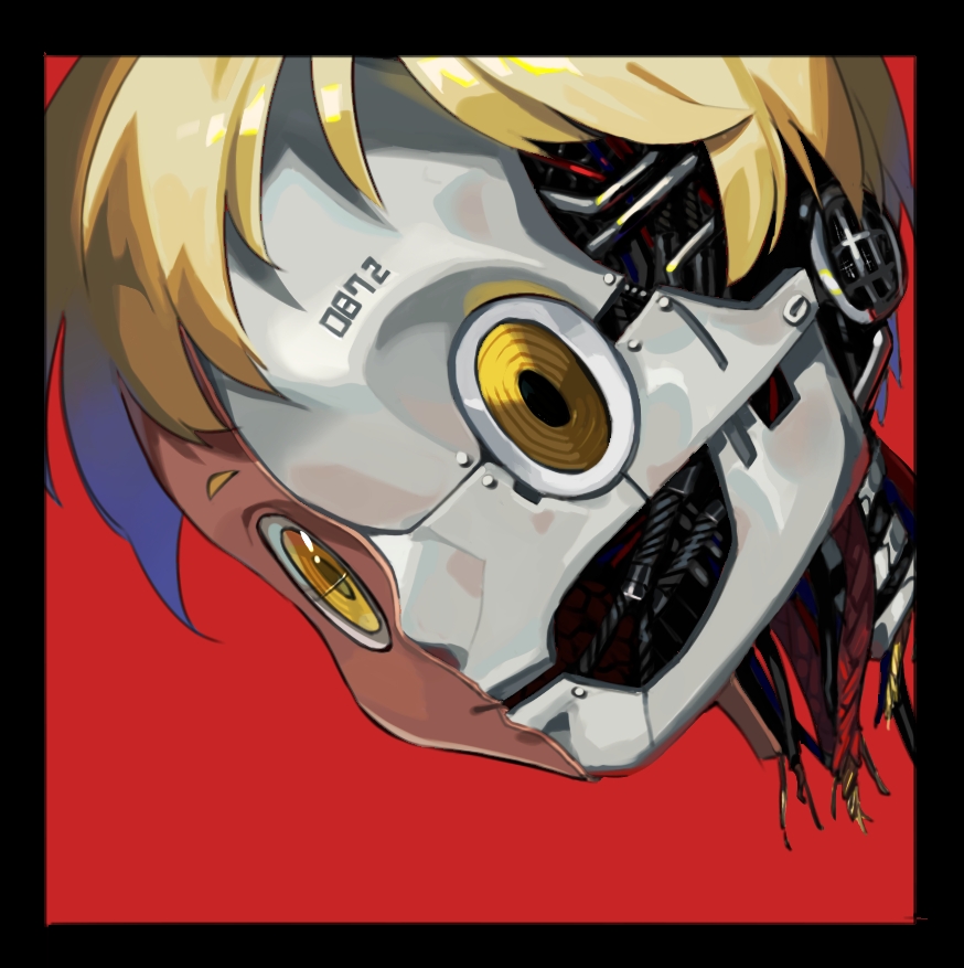 1boy blonde_hair body_writing close-up colored_skin grey_skin head_only himurohiromu male_focus mechanical_parts numbered open_mouth original red_background robot short_hair simple_background single_eyebrow solo wire yellow_eyes