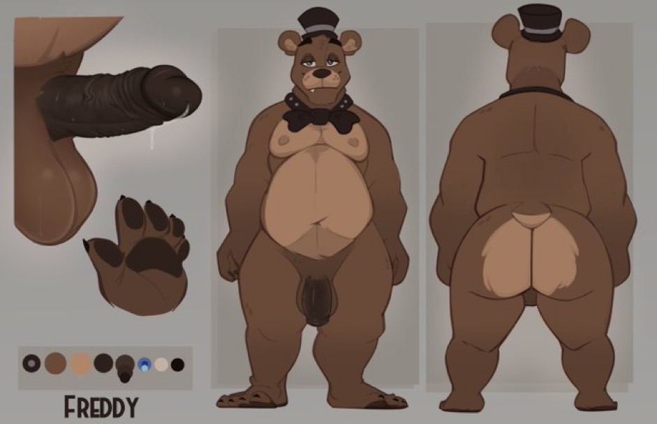 animatronic anthro balls bear belly big_balls big_belly big_penis bow_tie brown_body butt chubby_anthro chubby_belly chubby_male clothing digital_media_(artwork) erection five_nights_at_freddy's freddy_(fnaf) genitals hat headgear headwear humanoid_genitalia humanoid_penis jumpy_jackal looking_at_viewer machine male mammal model_sheet navel nipples nude overweight overweight_male pawpads paws penis robot scottgames simple_background slightly_chubby solo tail thick_penis top_hat vein