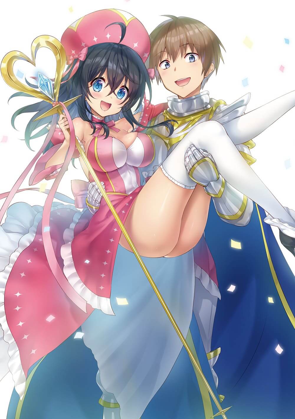 1boy 1girl ahoge armor armpits ass bare_shoulders black_hair blue_cape blush bow breasts brown_hair cape carrying choker confetti crossed_bangs dress feet_out_of_frame frilled_choker frills hair_bow highres hisasi holding holding_staff large_breasts large_hat long_dress long_hair looking_at_viewer mage_staff netoge_no_yome_wa_onna_no_ko_janai_to_omotta? nishimura_hideki official_art open_mouth pink_bow pink_choker pink_dress pink_headwear princess_carry ribbon_choker second-party_source short_hair smile staff standing strapless strapless_dress tamaki_ako thighhighs thighs white_thighhighs
