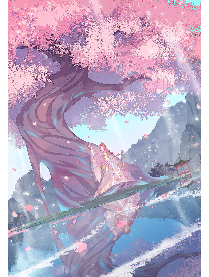 1boy bird blue_eyes border bush cherry_blossoms chinese_clothes coat day falling_petals floral_print flower flower_ornament full_body hanfu holding holding_staff lake lantern layered_sleeves light_rays long_hair long_sleeves looking_to_the_side looking_up male_focus mountain outdoors parted_bangs petals pillarboxed pink_coat pink_flower pink_hair reflection reflective_water robe sitting smile solo staff sunlight the_tale_of_food toruglose tree under_tree white_border white_robe wide_sleeves wooden_lantern xiao_guan_(headdress)