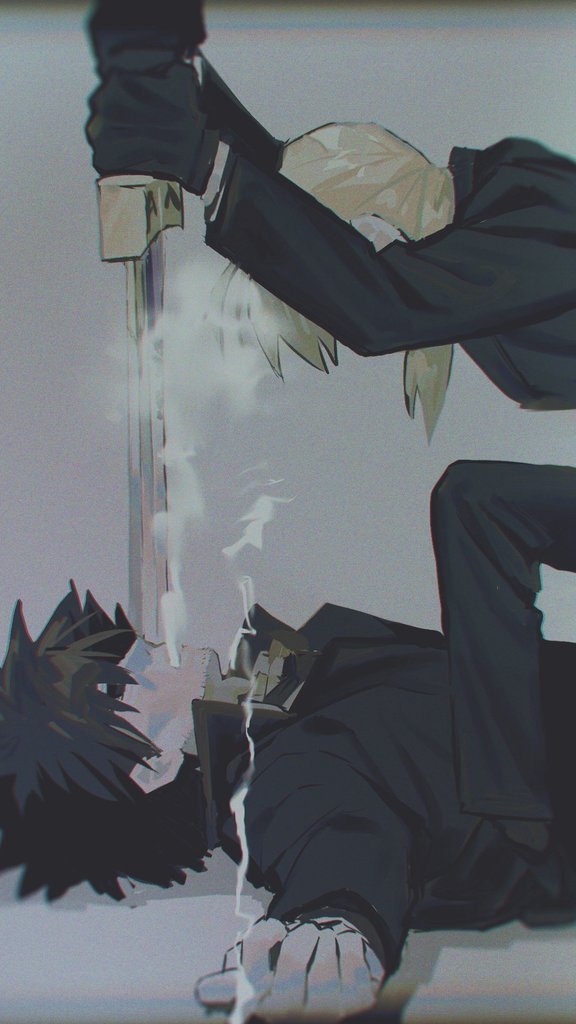 1boy 1girl amemasu79 artoria_pendragon_(fate) black_coat black_gloves black_hair black_suit blonde_hair cigarette coat emiya_kiritsugu excalibur_(fate/stay_night) fate/zero fate_(series) from_side gloves grey_background holding holding_cigarette holding_sword holding_weapon looking_at_another lying on_back saber_(fate) smoke smoking suit sword weapon