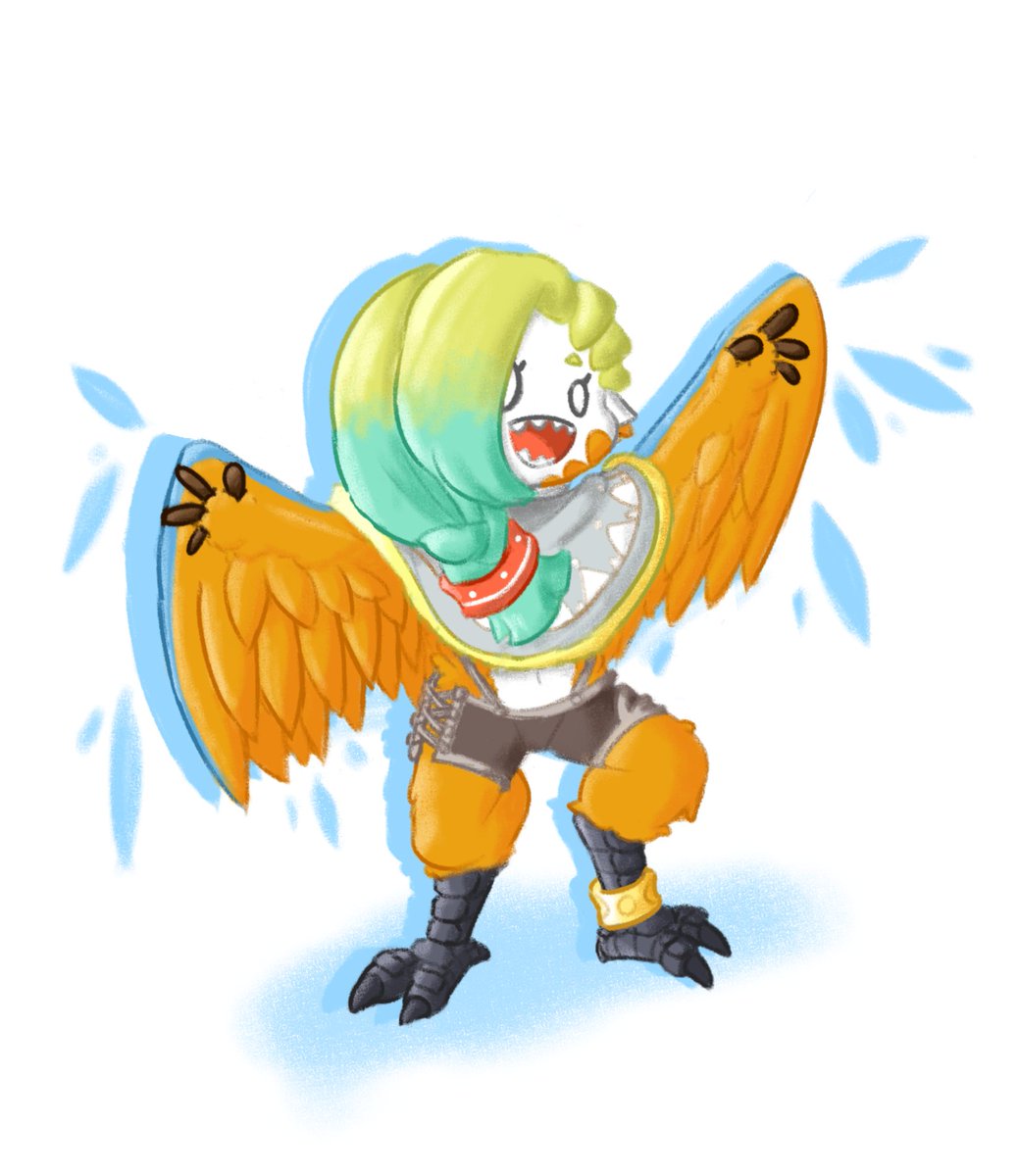 1girl alienelitecrew animal_ears anklet bird_ears bird_legs black_shorts blonde_hair blue_feathers blue_wings borrowed_character braid commentary feathered_wings feathers gradient_hair grey_poncho harpy highres jewelry long_hair mako_(eogks) midriff monster_girl multicolored_hair navel open_mouth orange_feathers orange_wings original sharp_teeth shorts simple_background single_braid solo spread_wings talons teeth two-tone_wings white_background winged_arms wings