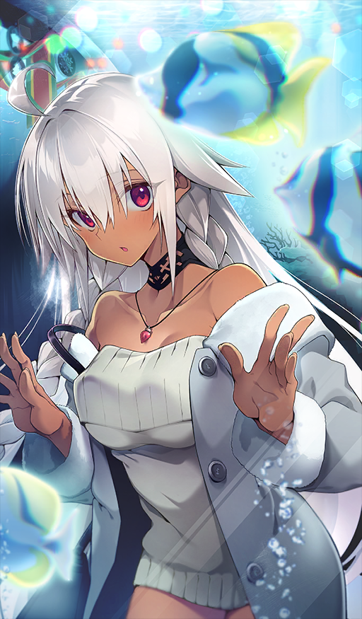 10mo 1girl ahoge aquarium bare_shoulders blush braid breasts buttons choker coat collarbone dark-skinned_female dark_skin dress fate/grand_order fate_(series) fish grey_coat jewelry lakshmibai_(fate) long_hair long_sleeves looking_at_viewer medium_breasts necklace off_shoulder official_art open_clothes open_coat open_mouth pendant red_eyes sidelocks solo sweater sweater_dress twin_braids white_dress white_hair