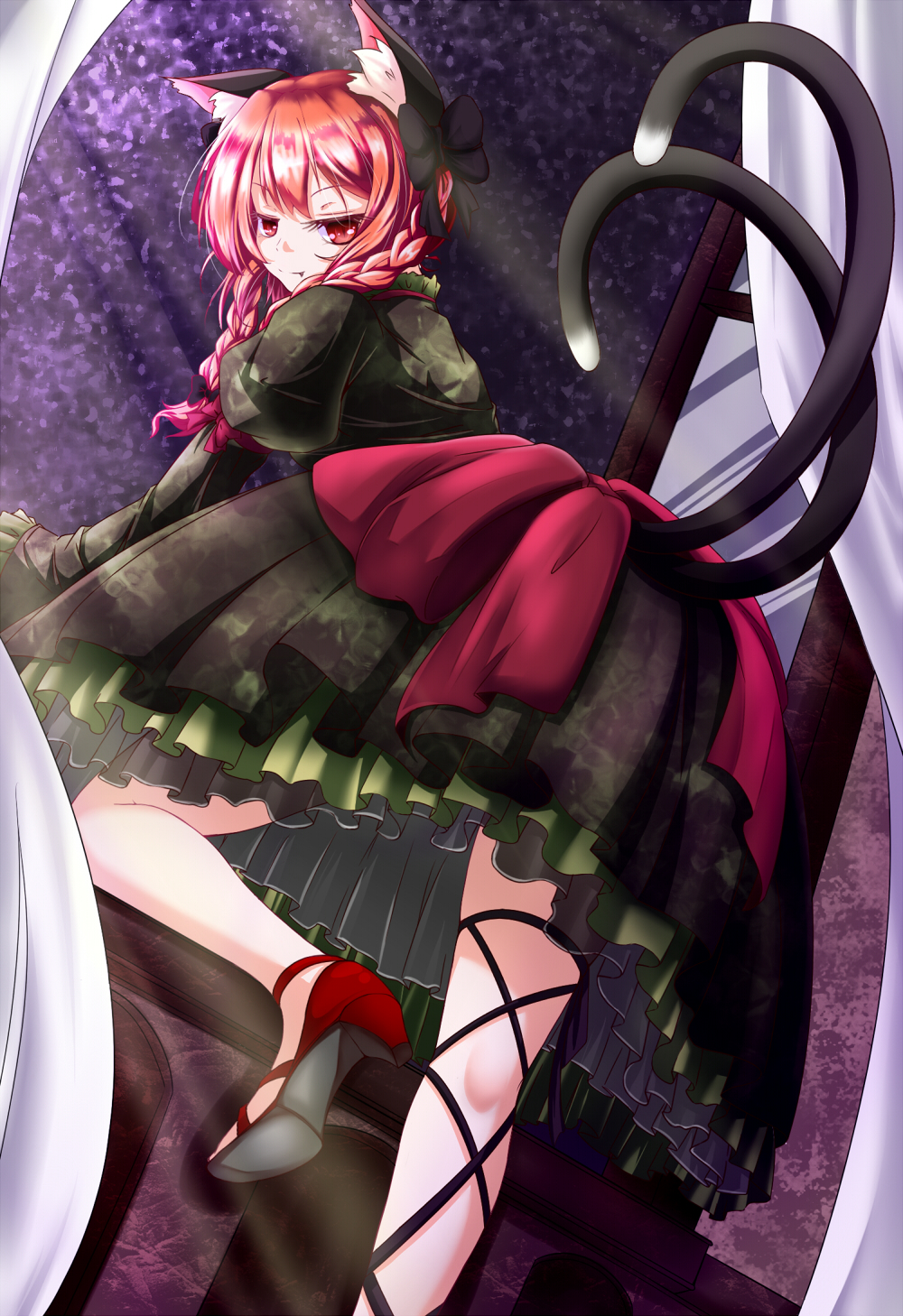 animal_ears aya-on_(miria00) bow braid cat_ears cat_tail curtains dress fang from_behind green_dress hair_bow high_heels highres juliet_sleeves kaenbyou_rin kneepits large_bow light_rays long_sleeves looking_at_viewer looking_back multiple_tails nekomata puffy_sleeves red_eyes red_footwear red_hair shoes solo tail touhou twin_braids two_tails window