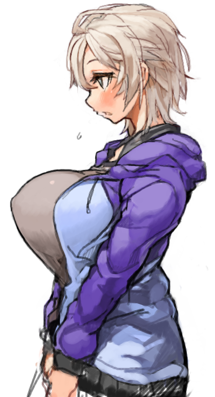 anastasia_(idolmaster) blush breasts covered_nipples huge_breasts idolmaster idolmaster_cinderella_girls open_mouth perky_breasts profile sachito short_hair silver_hair simple_background solo white_background