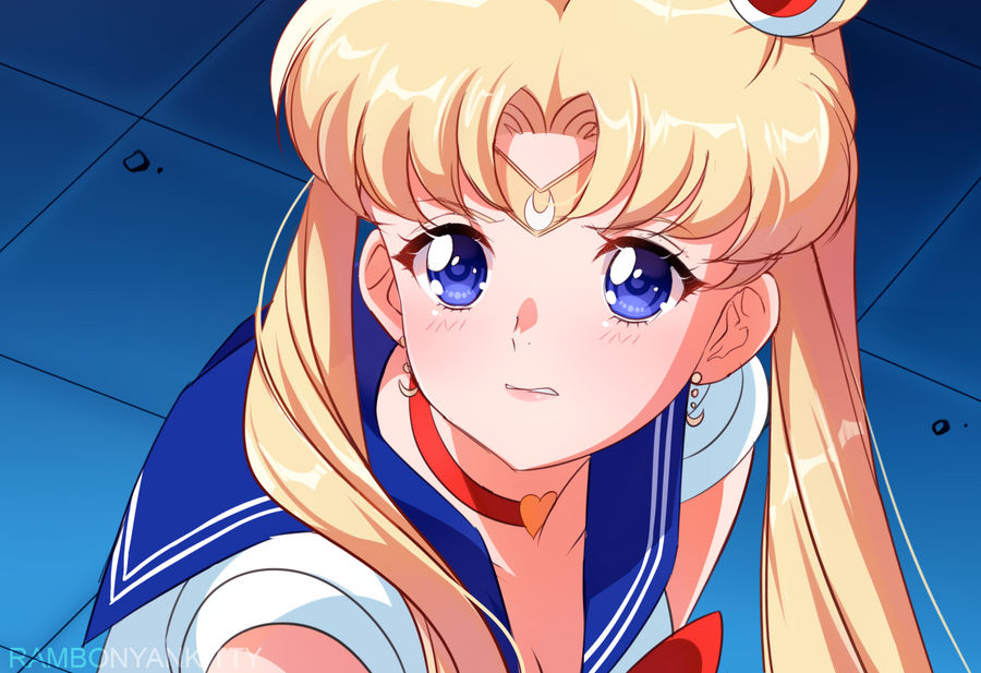 1girl artist_name bishoujo_senshi_sailor_moon blonde_hair blue_background blue_eyes blue_sailor_collar bow bowtie breasts choker circlet cleavage commentary crescent crescent_earrings dangle_earrings derivative_work double_bun earrings english_commentary eyelashes hair_bun hair_ornament heart heart_choker jewelry leotard light_blush long_hair magical_girl meme nyahallo parted_bangs parted_lips red_bow red_bowtie red_choker sailor_collar sailor_moon sailor_moon_redraw_challenge_(meme) screencap_redraw short_sleeves solo tile_floor tiles twintails upper_body wavy_mouth white_leotard white_sleeves