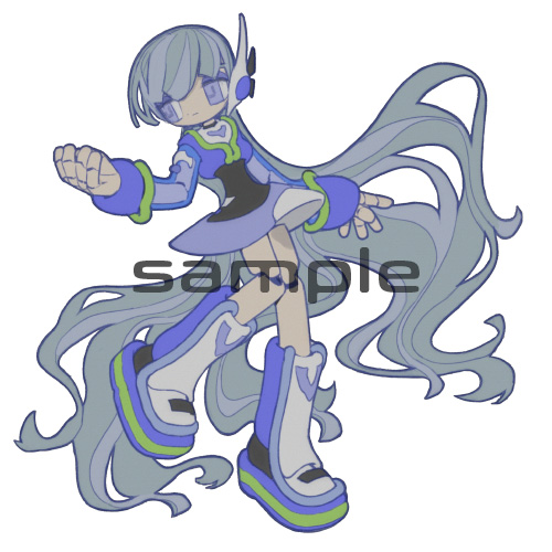 1girl aiobahn android blunt_bangs boots circle_skirt closed_mouth dress expressionless full_body grey_hair ha4to jacket joints knee_boots long_hair long_sleeves looking_to_the_side lowres purple_jacket robot_joints sample_watermark solo standing very_long_hair watermark white_background