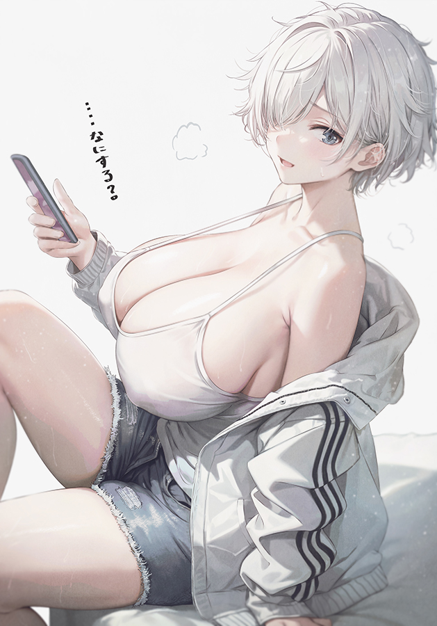 1girl bare_shoulders bed_sheet black_eyes breasts camisole cleavage collarbone commentary_request denim denim_shorts from_side grey_shorts hair_over_one_eye jacket knee_up kurono_mitsuki large_breasts long_sleeves looking_at_viewer no_bra off_shoulder on_bed open_clothes open_jacket open_mouth original parted_bangs plump puffy_long_sleeves puffy_sleeves short_hair shorts sideboob simple_background sitting sleeves_past_wrists solo thick_thighs thighs torn_clothes torn_shorts translation_request very_short_hair white_background white_camisole white_hair white_jacket