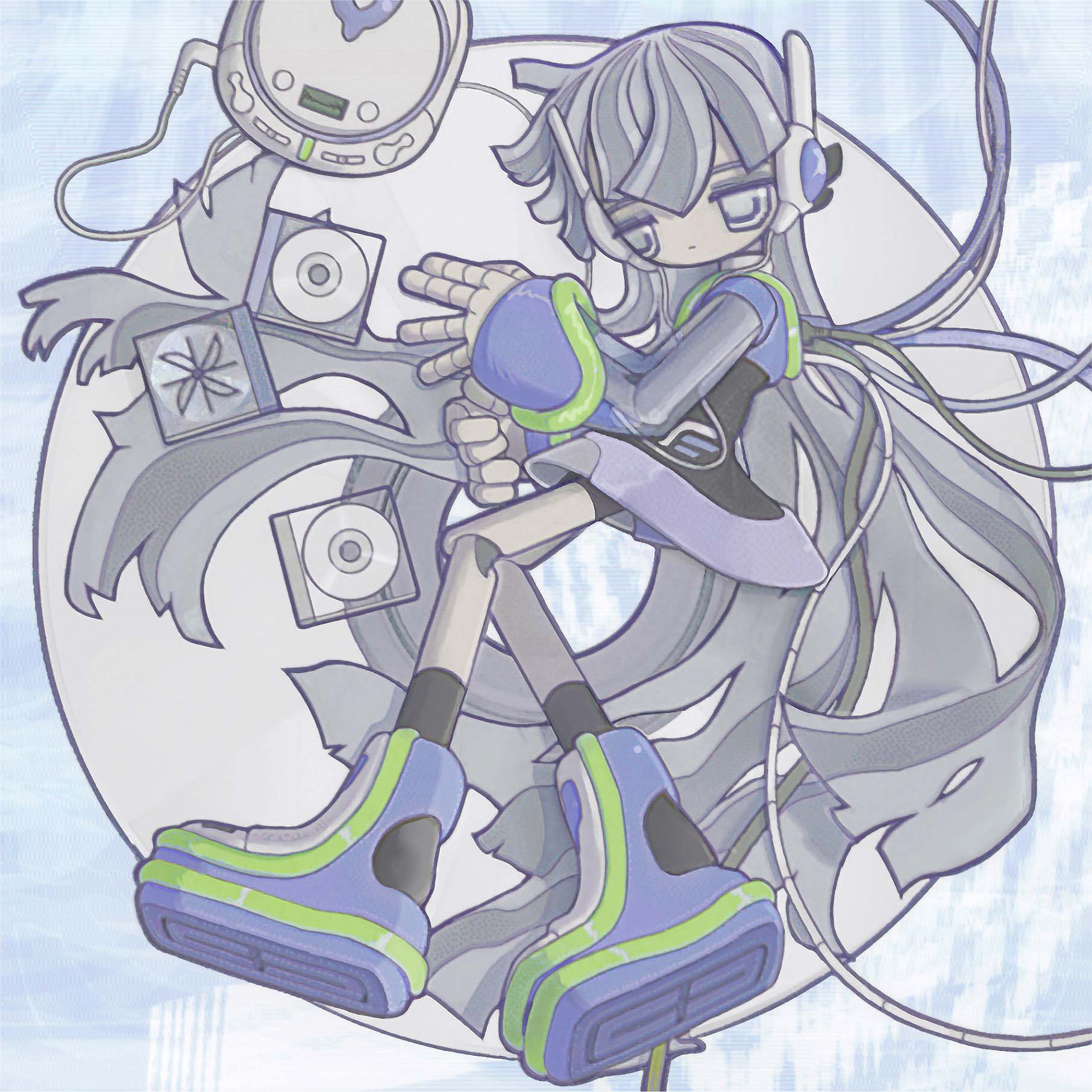 1girl aiobahn android blunt_bangs blunt_ends boots cable cd cd_case circle_skirt digital_media_player expressionless full_body grey_eyes grey_hair ha4to highres jacket joints long_hair long_sleeves lying on_side purple_footwear purple_jacket robot_joints second-party_source see-through see-through_sleeves shoe_soles solo very_long_hair