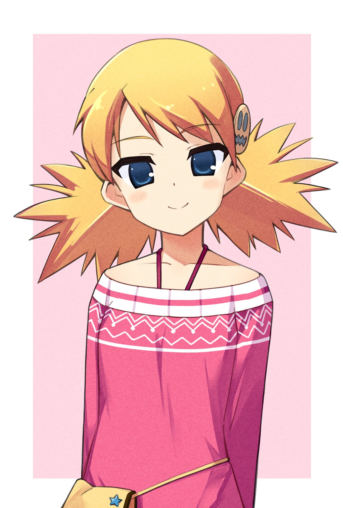 1girl arms_behind_back bag bare_shoulders blank_eyes blonde_hair blue_eyes blush border bra_strap dot_nose haiteku highres long_sleeves looking_at_viewer medium_hair off-shoulder_sweater off_shoulder pink_background pink_sweater sasamori_karin short_twintails smile solo standing sweater to_heart_(series) to_heart_2 twintails upper_body white_border