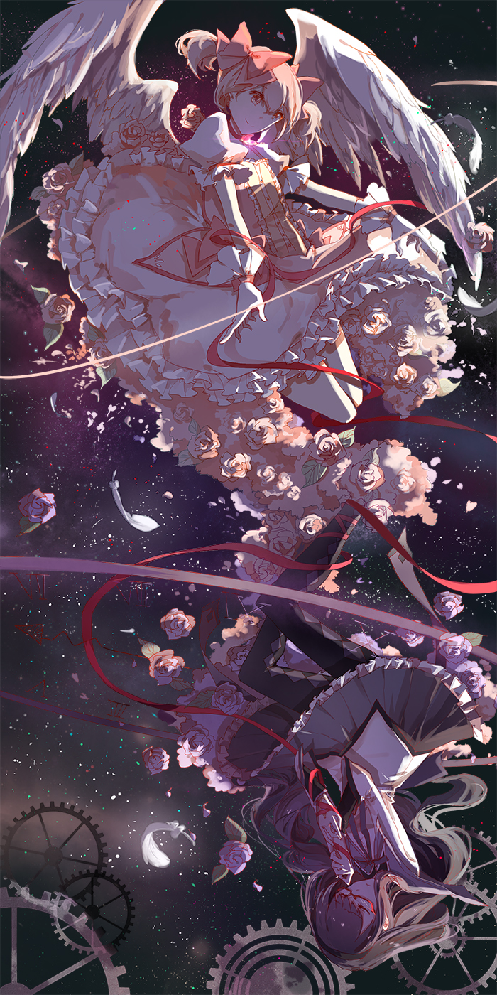 akemi_homura angel_wings black_hair black_hairband blush bow bubble_skirt choker closed_eyes feathered_wings feathers flower frilled_skirt frilled_sleeves frills gears glasses gloves hair_ribbon hairband highres kaname_madoka long_hair long_sleeves magical_girl mahou_shoujo_madoka_magica multiple_girls night night_sky outstretched_arms pantyhose pink_eyes pink_hair puffy_short_sleeves puffy_sleeves red-framed_eyewear ribbon rose semi-rimless_eyewear short_hair short_sleeves short_twintails skirt sky smile space star star_(sky) twintails under-rim_eyewear upside-down very_long_hair wheel white_gloves wings yumekabi