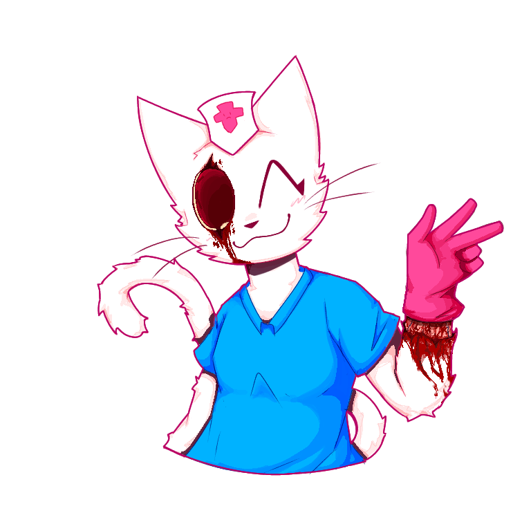 anthro blood bodily_fluids clothing domestic_cat drnotafurry english_text exposed_muscle felid feline felis female gloves gore half_body handwear hat headgear headwear mammal misha_the_nurse missing_eye nurse nurse_clothing nurse_hat nurse_headwear nurse_uniform scar simple_background smile solo tail text uniform vein whiskers