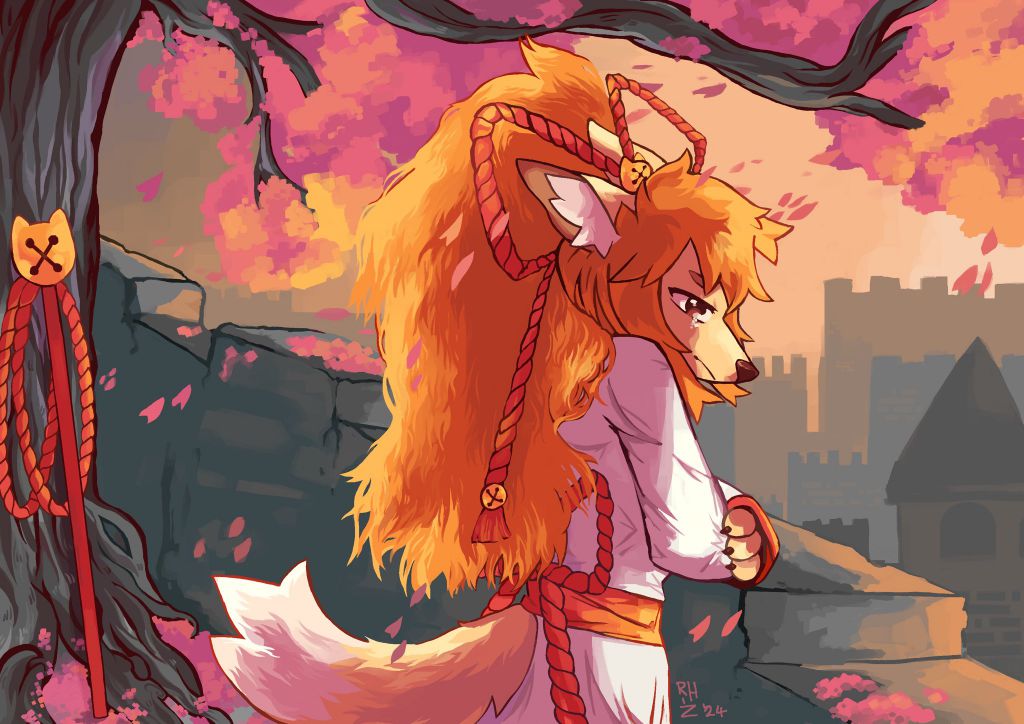 anthro asian_clothing bell big_hair bodily_fluids brown_eyes canid canine castle ceroba_(undertale_yellow) cherry_tree clawed_fingers clothing crenelations crying dipstick_tail east_asian_clothing female fluffy fluffy_tail fox fruit_tree hair inner_ear_fluff japanese_clothing kimono light mammal markings petals plant ponytail red_hair rooftop sad sakura solo staff tail tail_markings tears tree tuft undertale_(series) undertale_yellow unknown_artist white_clothing white_kimono