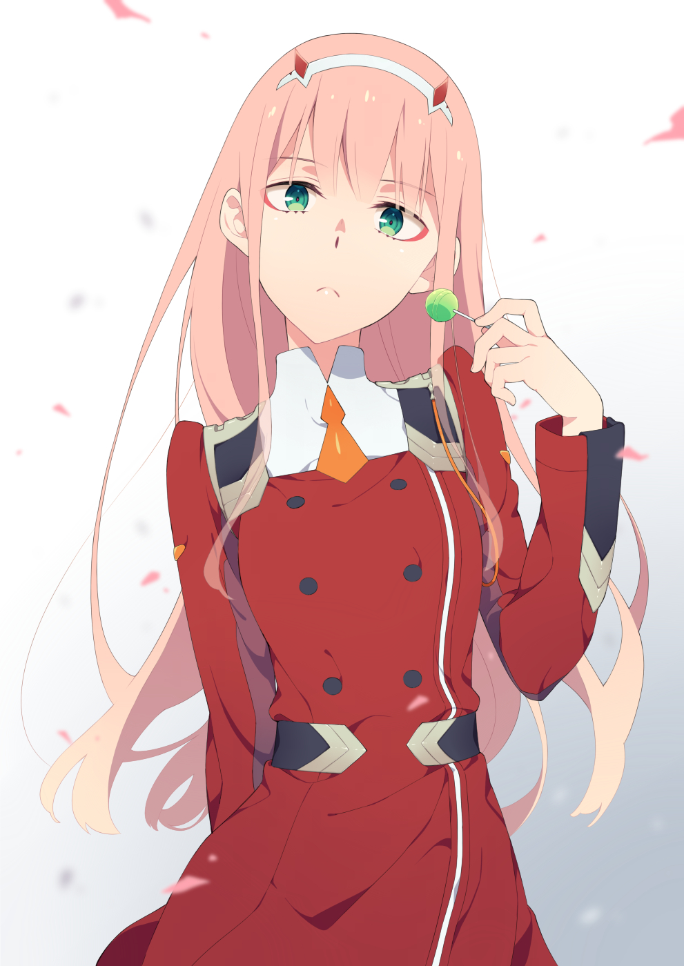 1girl candy closed_mouth commentary_request darling_in_the_franxx dress food gradient_background green_eyes grey_background hairband hand_up highres holding holding_candy holding_food holding_lollipop horns kusumoto_shizuru lollipop long_hair looking_at_viewer petals pink_hair red_dress solo very_long_hair white_background white_hairband zero_two_(darling_in_the_franxx)