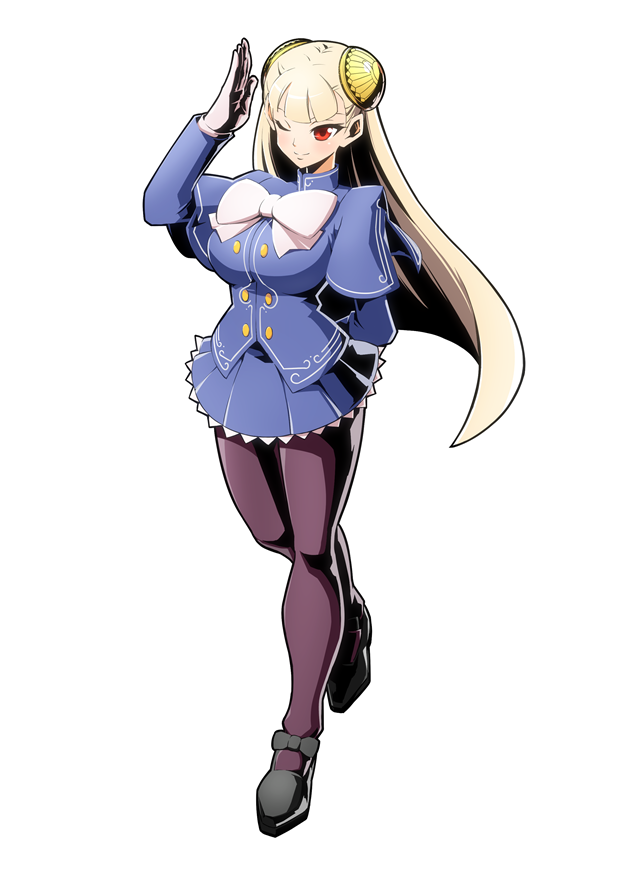 blonde_hair blush breasts capcom_fighting_jam dress gloves hairpods ingrid large_breasts long_hair mary_janes miniskirt one_eye_closed pantyhose piko_(osso) purple_legwear red_eyes ribbon salute shoes skirt solo