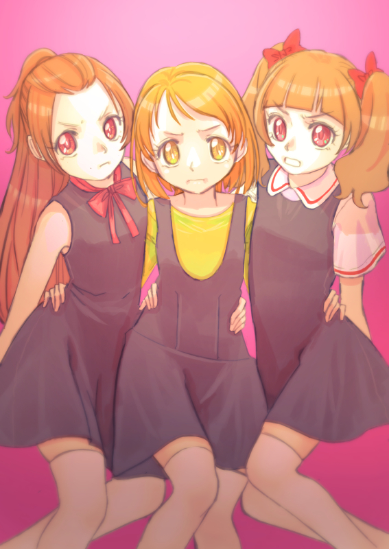 3girls aisaki_emiru arm_around_waist black_dress blonde_hair blunt_bangs bow bowtie closed_mouth collared_shirt commentary dokidoki!_precure dress frown hair_bow hair_pulled_back hugtto!_precure in-franchise_crossover jj_(ssspulse) long_hair madoka_aguri medium_hair multiple_girls open_mouth pinafore_dress pink_background precure red_bow red_bowtie red_eyes shirabe_ako shirt short_dress short_hair short_sleeves sleeveless sleeveless_dress suite_precure swept_bangs thighhighs trait_connection twintails white_shirt white_thighhighs yellow_eyes yellow_shirt