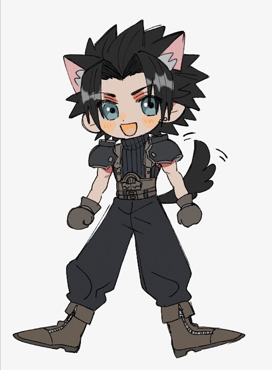 1boy animal_ears armor belt black_hair black_pants black_sweater blue_eyes blush_stickers boots brown_footwear brown_gloves chibi commentary crisis_core_final_fantasy_vii dog_boy dog_ears dog_tail earrings final_fantasy final_fantasy_vii full_body gloves grey_background happy jewelry male_focus mtr_dayoo multiple_belts open_mouth pants parted_bangs pauldrons short_hair shoulder_armor simple_background single_earring sleeveless sleeveless_turtleneck smile solo spiked_hair standing stud_earrings suspenders sweater symbol-only_commentary tail tail_wagging turtleneck