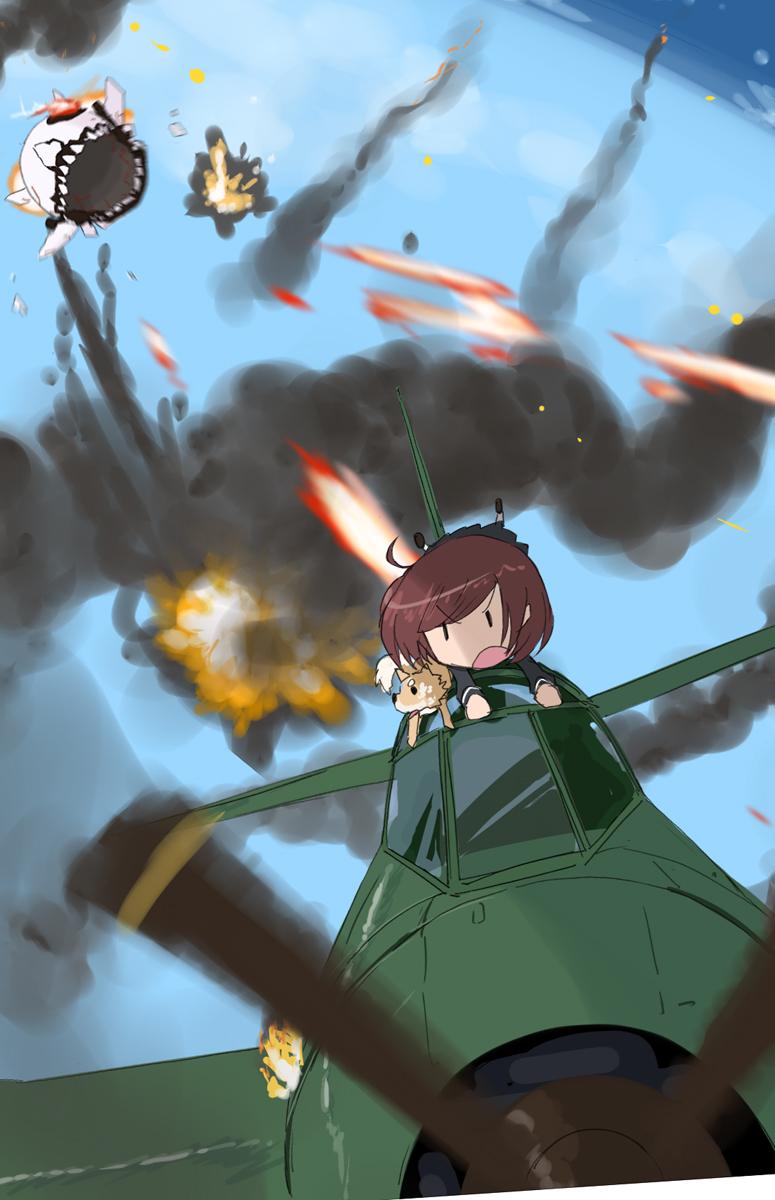 aerial_battle ahoge aircraft airplane battle blue_sky dog enemy_aircraft_(kantai_collection) explosion fairy_(kantai_collection) firing highres imai_tetsuya kantai_collection reppuu_(kantai_collection) sky smoke_trail solo upside-down
