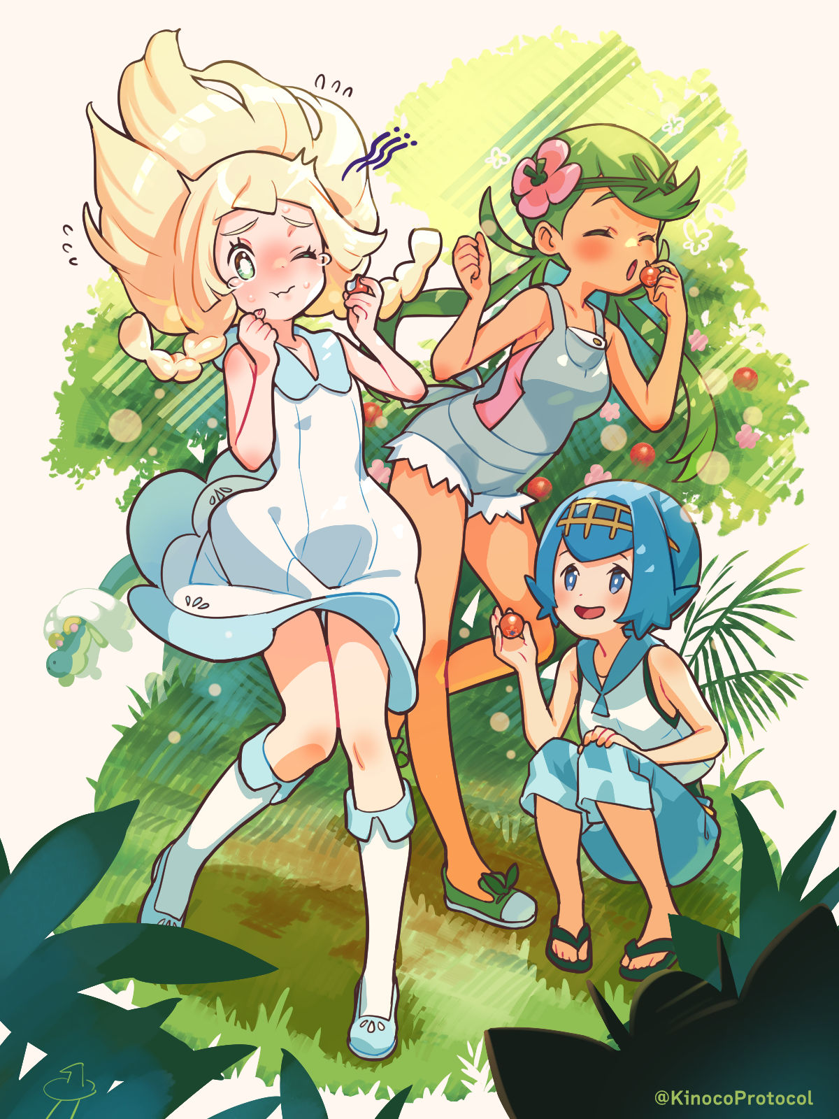 3girls :o ;t bare_arms berry black_footwear blonde_hair blue_hair blue_pants blush bright_pupils capri_pants closed_eyes closed_mouth commentary_request day dress eating eyelashes floating_hair flower flying_sweatdrops grass green_eyes green_footwear green_hair grey_overalls hair_flower hair_ornament hairband highres holding holding_poke_ball kinocopro knees lana_(pokemon) lillie_(pokemon) long_hair mallow_(pokemon) multiple_girls one_eye_closed outdoors overalls pants pink_flower pink_shirt poke_ball pokemon pokemon_(anime) pokemon_sm_(anime) sandals shirt shoes short_hair sleeveless sleeveless_dress sleeveless_shirt socks squatting standing twintails twitter_username watermark white_dress white_pupils white_socks