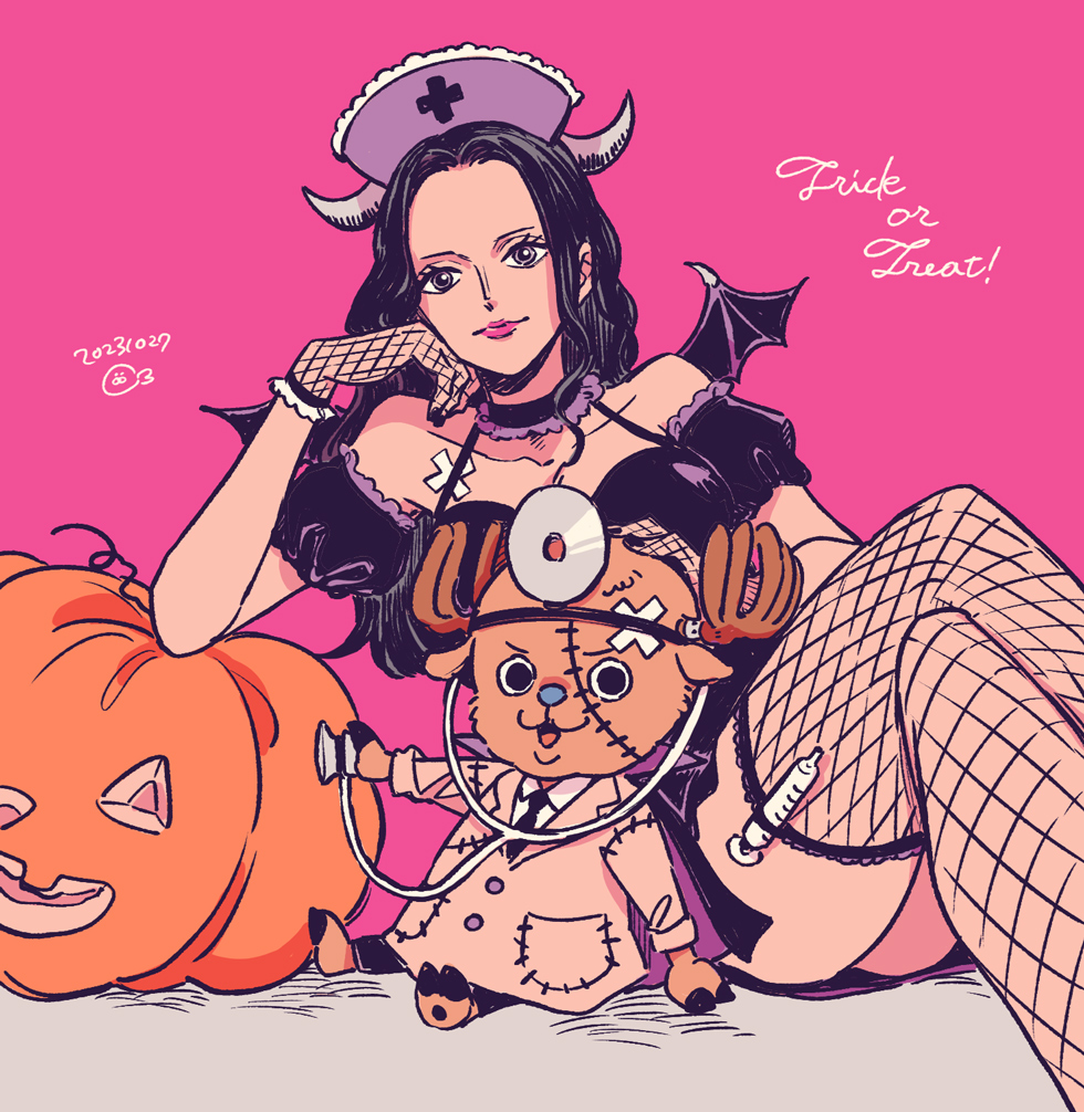 1boy 1girl antlers black_dress black_hair choker commentary_request dated detached_sleeves dress fishnet_thighhighs fishnets hand_on_another's_head hatch_(8cco) holding holding_stethoscope horns long_hair looking_at_viewer looking_to_the_side nico_robin one_piece pink_background pink_lips pumpkin reindeer_antlers simple_background stethoscope syringe thighhighs tony_tony_chopper wings