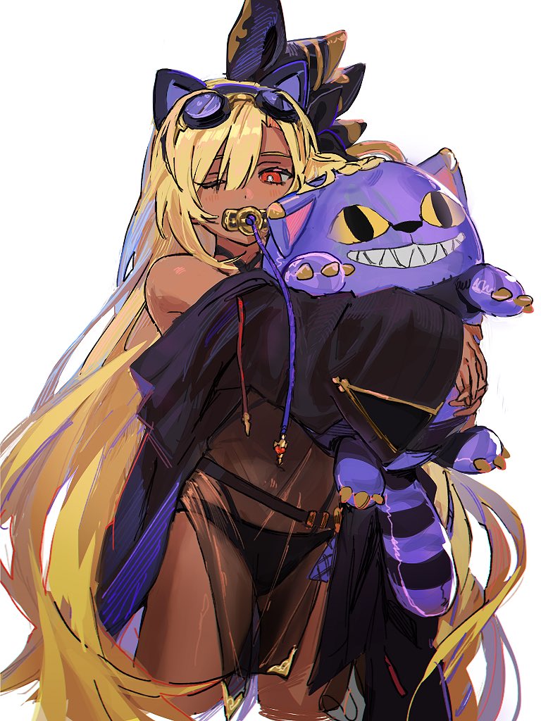 1girl absurdly_long_hair alternate_costume animal_ear_hairband animal_ears bikini black_bikini black_jacket black_ribbon blonde_hair braid bright_pupils cat cat_ear_hairband cat_ears commentary fake_animal_ears goggles goggles_on_head granblue_fantasy hair_between_eyes hairband helel_ben_shalem holding holding_stuffed_toy jacket jacket_on_shoulders long_hair one_eye_closed pacifier purple_cat red_eyes ribbon see-through sharp_teeth side_braid sketch solo stuffed_animal stuffed_cat stuffed_toy swimsuit teeth very_long_hair wahoosandalphon white_background white_pupils