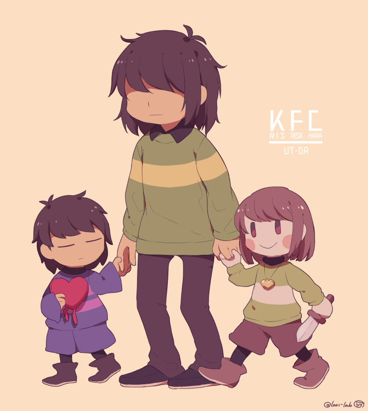 3others antenna_hair artist_name black_footwear black_pantyhose black_shirt boots brown_footwear brown_hair brown_pants brown_shorts chara_(undertale) character_name child closed_eyes closed_mouth collared_shirt deltarune english_commentary frisk_(undertale) full_body green_sweater hand_up heart holding holding_hands holding_knife knife kris_(deltarune) lari-lab long_sleeves looking_at_another multiple_others pants pantyhose puffy_long_sleeves puffy_sleeves purple_shorts purple_sweater red_eyes shirt shoes short_hair shorts simple_background single_stripe smile standing striped_clothes striped_sweater sweater turtleneck turtleneck_sweater undertale walking wide_sleeves yellow_background