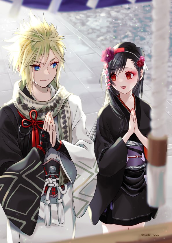 1boy 1girl black_hair black_kimono blonde_hair blue_eyes blurry blurry_foreground closed_mouth cloud_strife cloud_strife_(official_festive_garb) commentary_request cowboy_shot eyeshadow final_fantasy final_fantasy_vii final_fantasy_vii_ever_crisis final_fantasy_vii_remake flower hair_flower hair_ornament hatsumoude japanese_clothes kimono long_hair long_sleeves looking_at_another makeup mdk_ooo new_year obi official_alternate_costume open_mouth outdoors own_hands_together praying red_eyes red_eyeshadow red_flower sash scarf short_hair short_kimono smile spiked_hair swept_bangs tifa_lockhart tifa_lockhart_(exotic_dress) twitter_username wide_sleeves