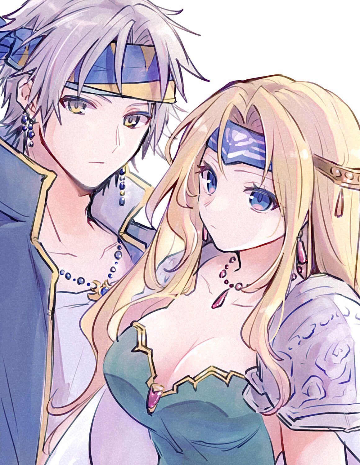 1boy 1girl armor bead_necklace beads black_jacket blonde_hair blue_eyes breasts cape celes_chere cleavage closed_mouth collarbone commentary_request final_fantasy final_fantasy_vi green_leotard grey_hair hair_ornament headband highres jacket jewelry large_breasts leotard locke_cole long_hair looking_at_viewer necklace open_clothes open_jacket pan_ff6 parted_bangs popped_collar shirt short_hair shoulder_armor sidelocks teardrop_earrings upper_body white_background white_shirt yellow_eyes