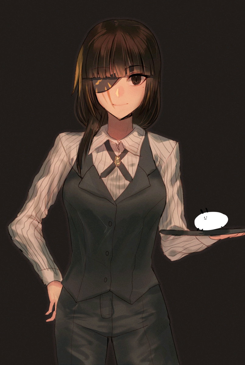 1girl bartender black_background brown_eyes brown_hair closed_mouth eyepatch girls'_frontline highres long_hair looking_at_viewer m16a1_(girls'_frontline) mole mole_under_eye scar shirt suit white_shirt xanax025