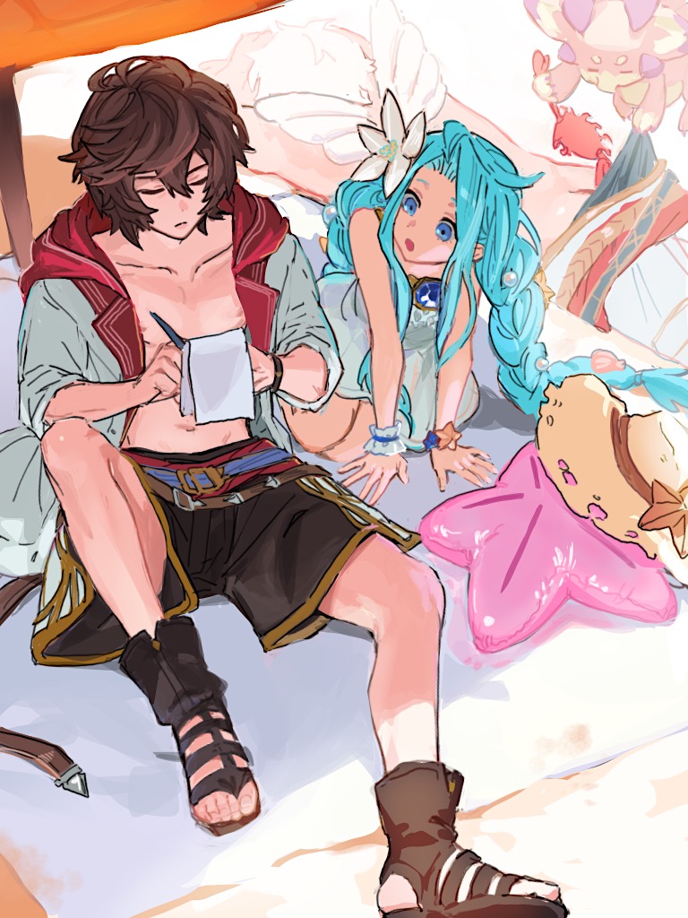 1girl 2boys :o alternate_costume angel_wings beach black_hair blue_eyes blue_gemstone blue_hair brown_hair butt_crack closed_eyes clothes_lift commentary crab dragon dragon_horns dress expressionless flower frilled_bracelet frown gem granblue_fantasy hair_between_eyes hair_flower hair_intakes hair_ornament hat horns inflatable_toy jacket leaning_forward long_braid long_hair lucio_(granblue_fantasy) lying lyria_(granblue_fantasy) multiple_boys notebook notes official_alternate_costume on_ground on_stomach open_clothes open_jacket parted_bangs pearl_hair_ornament pen prank sandalphon_(granblue_fantasy) sandals seiza shell_hair_ornament short_hair shorts sitting sketch star_bracelet summer toenails topless_male towel umbrella unworn_hat unworn_headwear vyrn_(granblue_fantasy) wahoosandalphon white_dress white_hair white_jacket wings writing