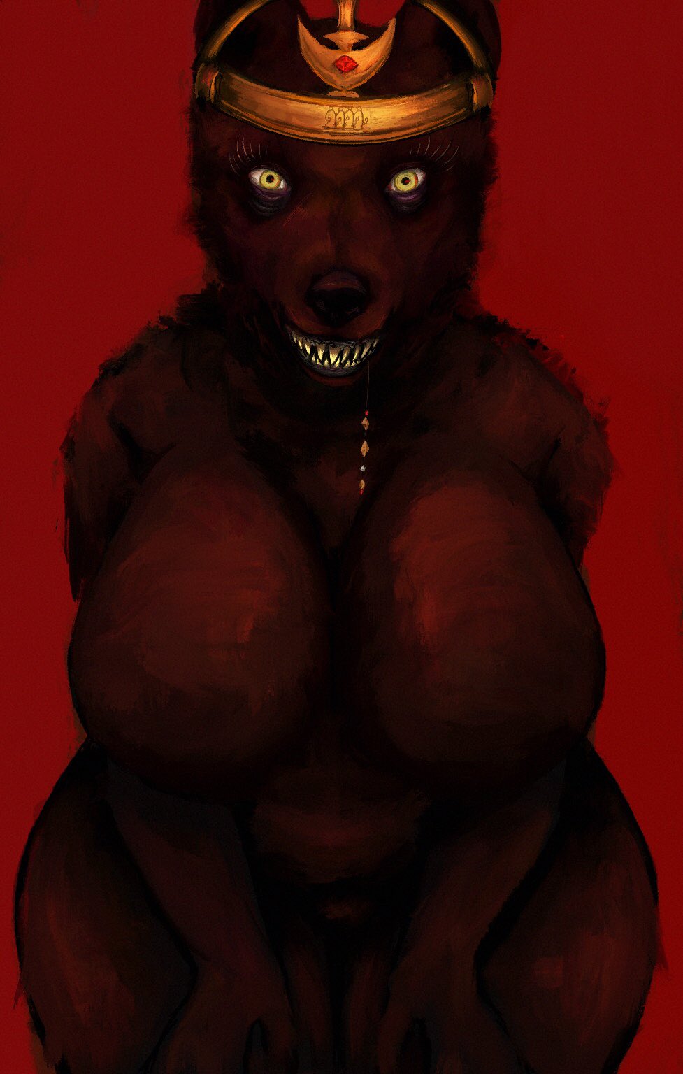 anon2000000 anthro big_breasts big_butt breasts butt canid canine canis crown domestic_dog female headgear hi_res humanoid mammal nude nude_female smile smiley_face solo theet thick_thighs wolf