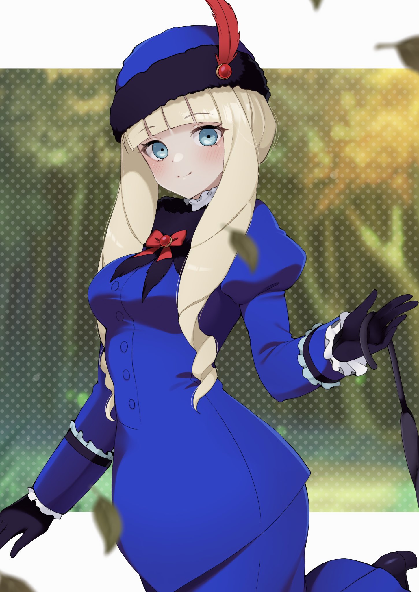 1girl black_footwear black_gloves blonde_hair blue_dress blue_eyes blue_headwear bow buttons campbell_xx commentary cosplay dianna_soreil dress drill_hair facing_viewer feathers frills gloves gundam hat hat_feather highres holding holding_umbrella kihel_heim kihel_heim_(cosplay) leaf leg_up red_bow smile solo turn_a_gundam umbrella