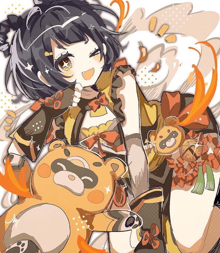 :d bell black_gloves blue_hair blush braided_hair_rings chili_pepper chinese_clothes dark_blue_hair fire genshin_impact gloves guoba_(genshin_impact) hair_ornament hairclip hand_up jingle_bell looking_at_viewer notice_lines one_eye_closed open_mouth red_panda short_hair sleeveless smile smoke sparkle sparkling_eyes sui_t_t white_background xiangling_(genshin_impact) yellow_eyes