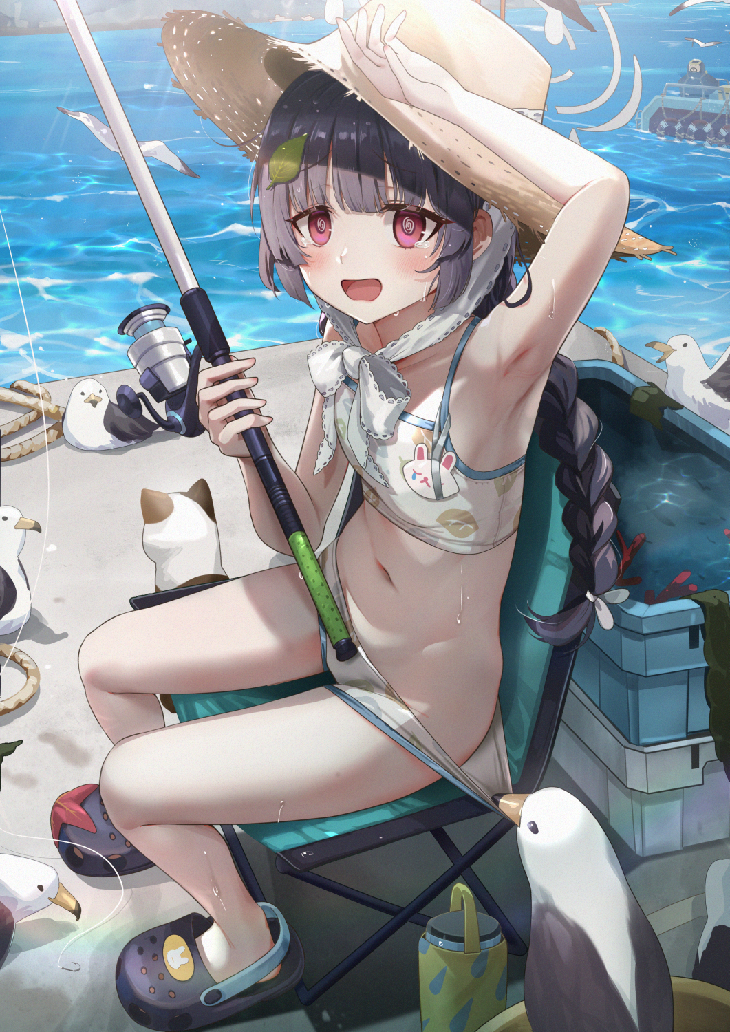 1girl @_@ animal arm_up armpits bikini bikini_pull bird black_hair blue_archive blush braid cat clothes_pull crocs fishing_rod flat_chest halo haowei_wu hat highres leaf leaf_on_head legs long_hair looking_at_viewer miyu_(blue_archive) miyu_(swimsuit)_(blue_archive) navel ocean open_mouth outdoors purple_eyes seagull sitting solo straw_hat swimsuit tears