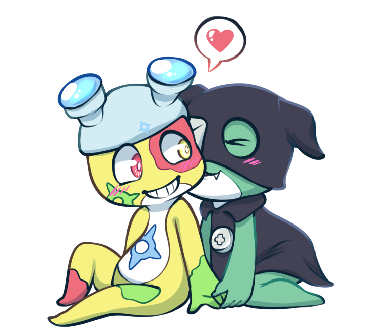 &lt;3 alpha_channel amphibian anthro blush clothing duo eye_patch eyes_closed eyewear keronian kissing kissing_cheek lying male male/male mammal mekeke one_eye_closed putata sgt._frog simple_background smile speech_bubble teeth tourmalice transparent_background