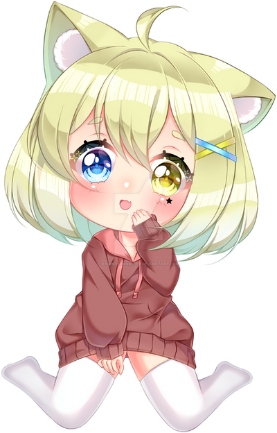 1girl ahoge animal_ear_fluff animal_ears blonde_hair blue_eyes blush cat_ears commentary deformed deviantart_logo english_commentary eyelashes fang gift_art hand_on_own_cheek hand_on_own_face heterochromia hood hood_down hoodie long_sleeves looking_at_viewer marking_on_cheek no_shoes nyahallo open_mouth original oversized_clothes pink_hood puffy_long_sleeves puffy_sleeves red_hoodie red_sleeves short_hair sitting skin_fang sleeves_past_wrists smile solo star_(symbol) star_on_cheek thighhighs transparent_background wariza white_thighhighs yellow_eyes