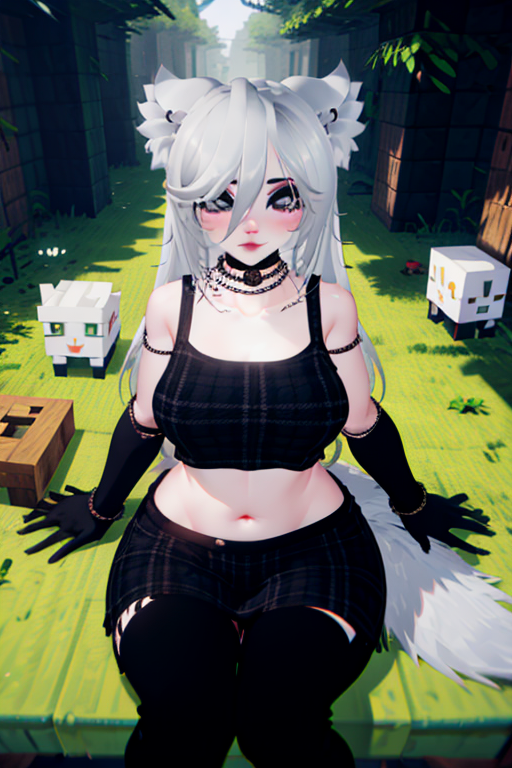 ai-generated black_gloves black_shirt black_skirt black_thighhighs gloves minecraft non-web_source purple_eyes shirt skirt thighhighs vrchat white_hair