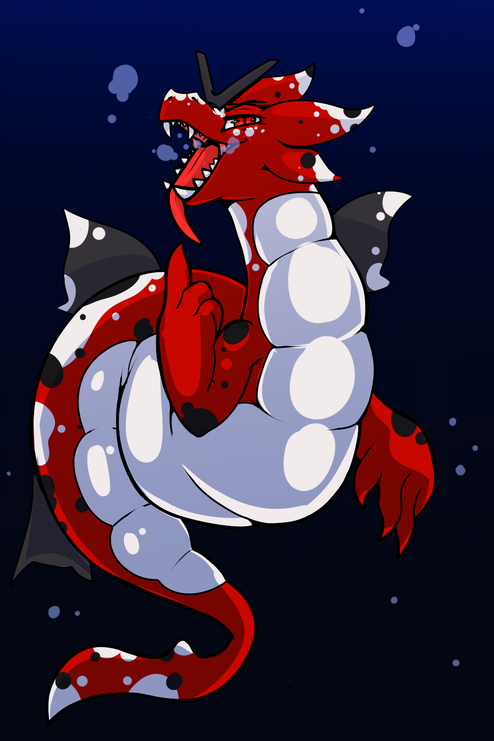 ambiguous_gender amur_carp aquatic_dragon belly big_belly caffeinekobold carp cyprinid cypriniform dragon feral fin fish gesture hakarisquish hi_res koi long_tongue looking_at_viewer male marine open_mouth pointing pointing_at_mouth pointing_at_self red_body red_eyes sea sea_serpent solo tail teeth thick_tail tongue tongue_out typical_carp water white_body